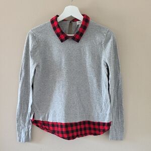 J. Crew Gray Sweater with Red Plaid Accents